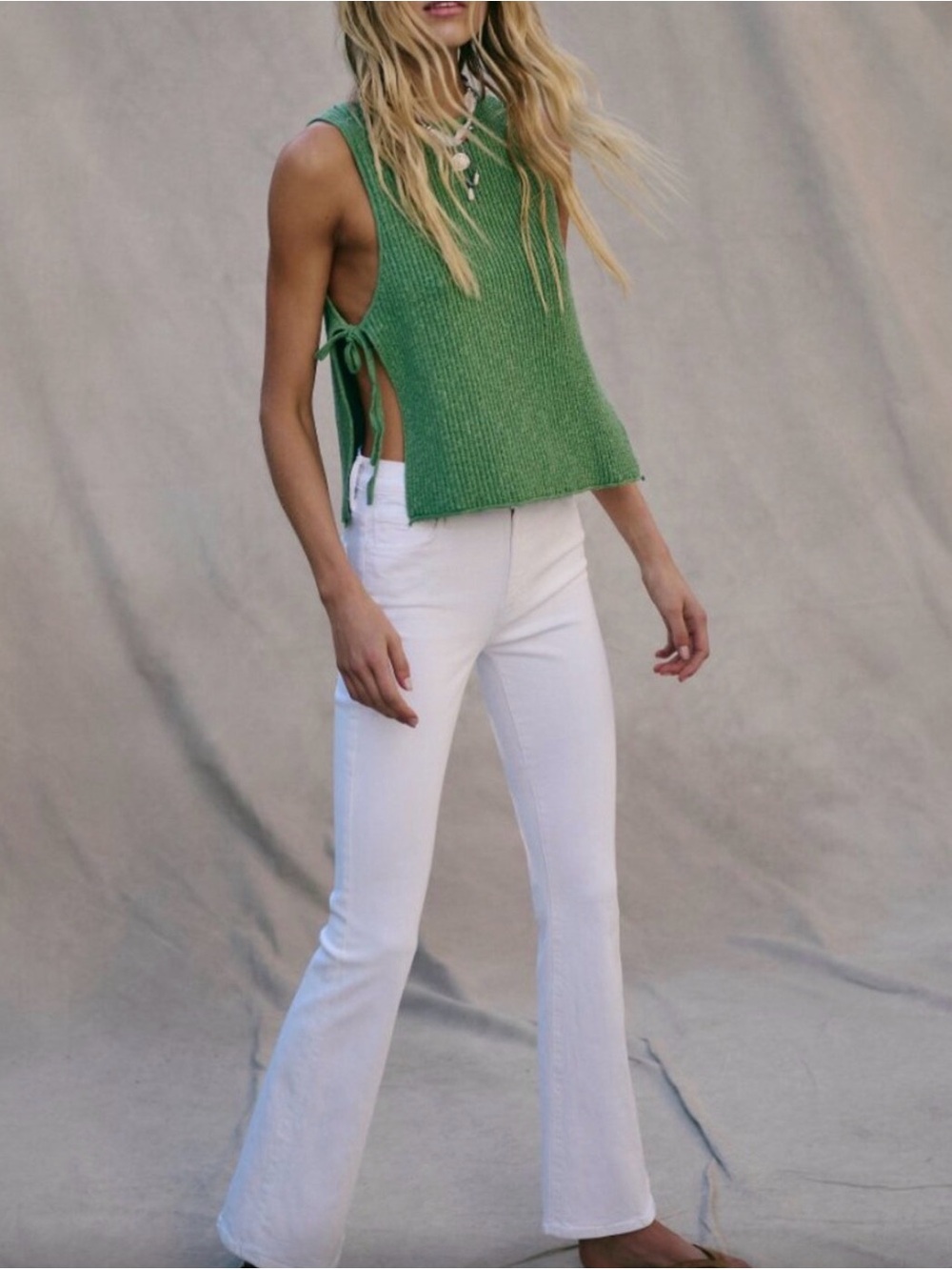 Free People FP Beach Size L Green Side-Tie Sleeveless Crewneck Sweater NWT